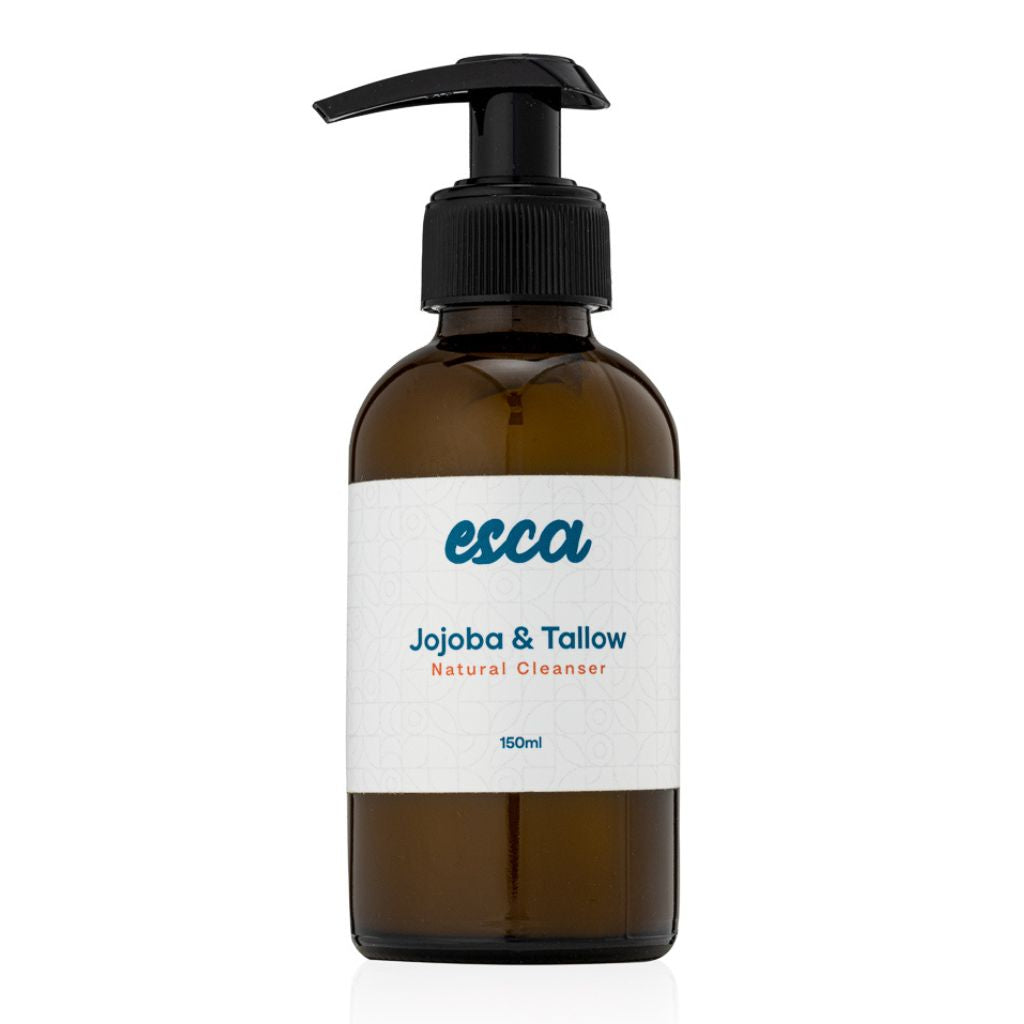 Jojoba and Tallow Natural Cleanser Brown bottle with pump and 'esca' label on a white background